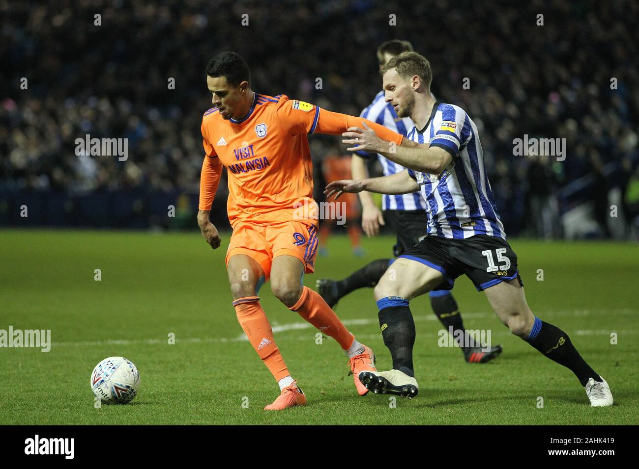 SHEFFIELD, ENGLAND - DECEMBER 29TH Robert Glatzel of Cardiff City in action with Tom Lees  during the Sky Bet Championship match between Sheffield Wednesday and Cardiff City at Hillsborough, Sheffield on Sunday 29th December 2019. (Credit: Mark Fletcher | MI News( Photograph may only be used for newspaper and/or magazine editorial purposes, license required for commercial use Stock Photo
