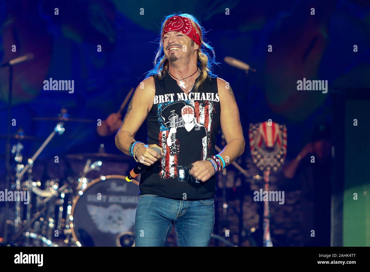 HUNTINGTON, NY - DEC 28: Bret Michaels performs in concert at the Paramount on December 28, 2019 in Huntington, New York. Stock Photo