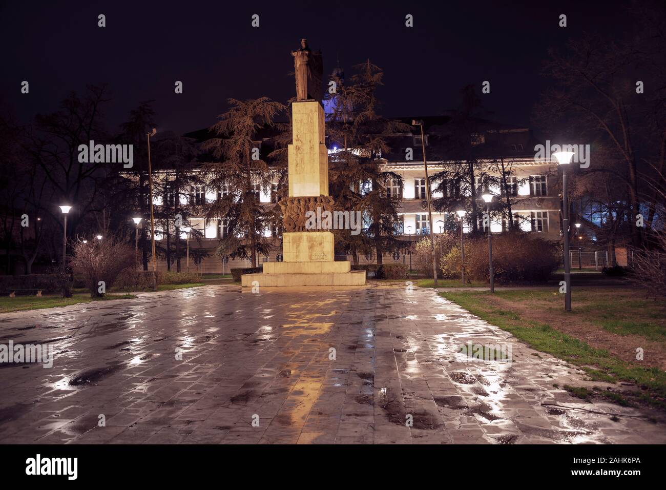 Belgrade, Serbia, Dec 29, 2019: Night view of the Monument honoring members of the Resistance who lost their lives during the WWII Stock Photo