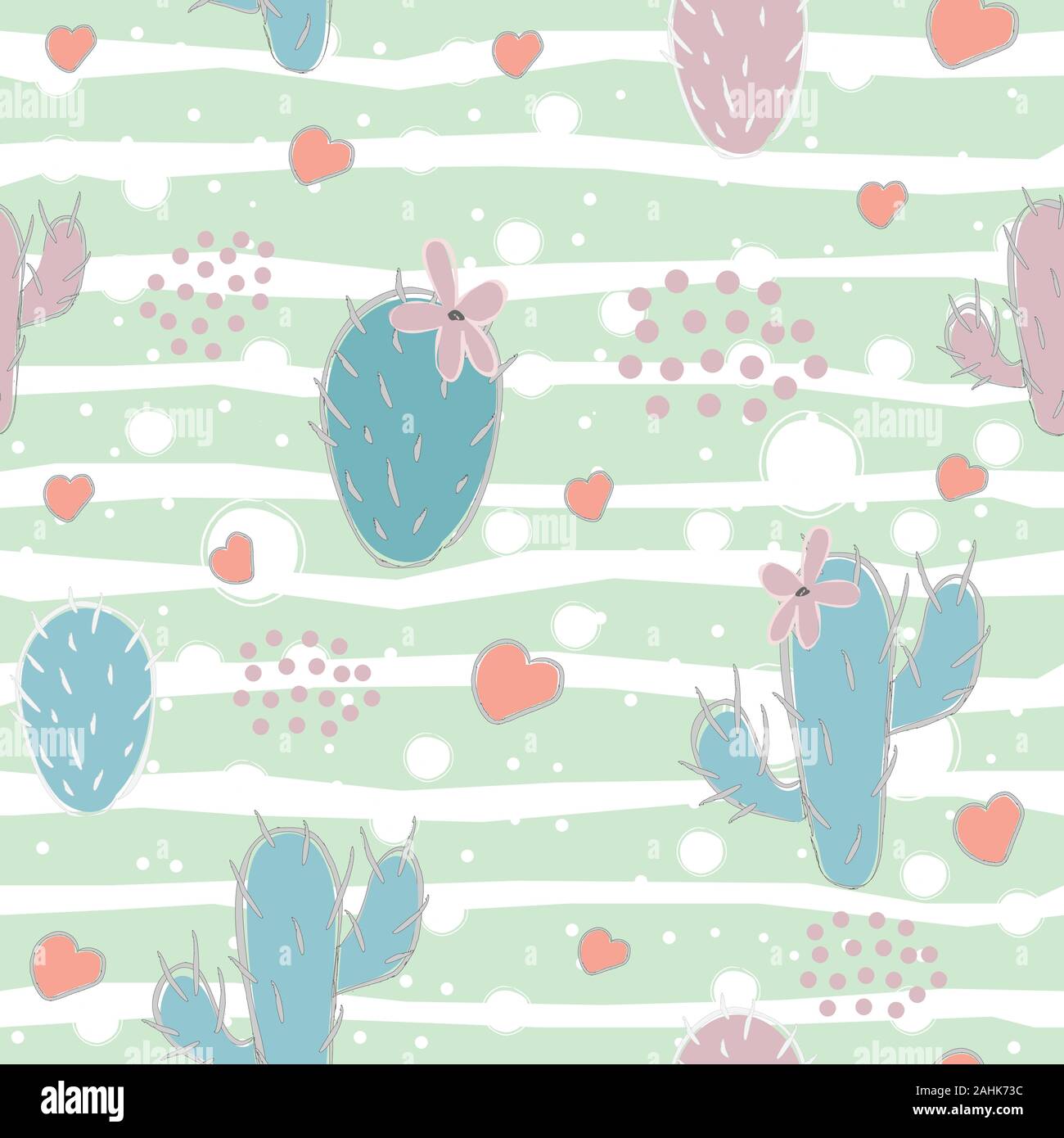 Cute seamless pattern with cacti and hearts on white background. Vector ...