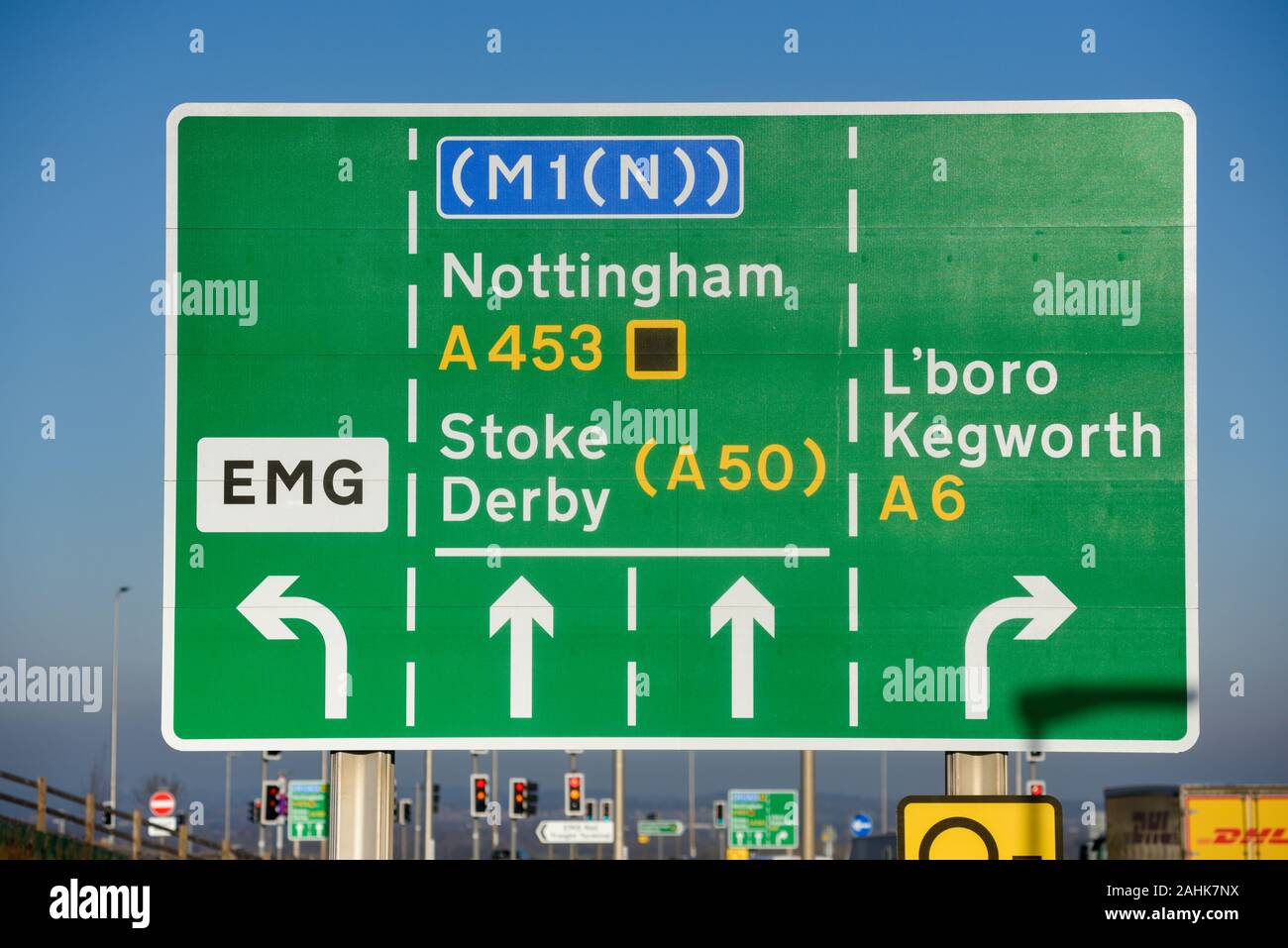 Traffic Road Signs Junction 24 of the M1 Motorway Leicestershire, UK. Stock Photo