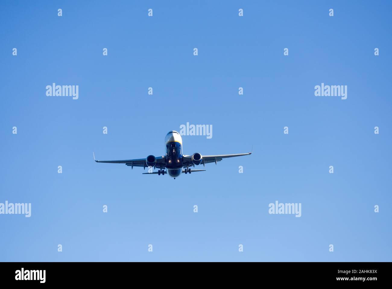 Ryanair Passenger Airline Prepares for Landing At East Midlands Airport, UK. Stock Photo