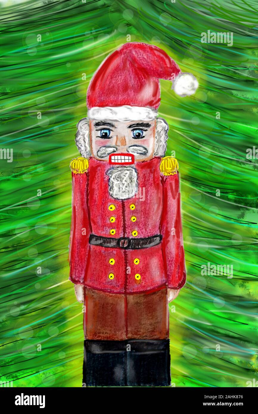 Nutcracker in fron of Christmas tree drawing Stock Photo