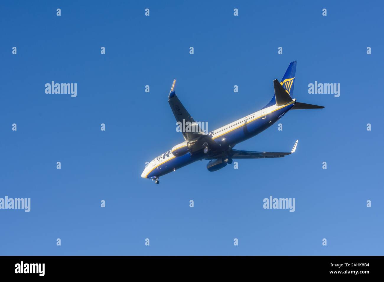 Ryanair Passenger Airline Prepares for Landing At East Midlands Airport, UK. Stock Photo