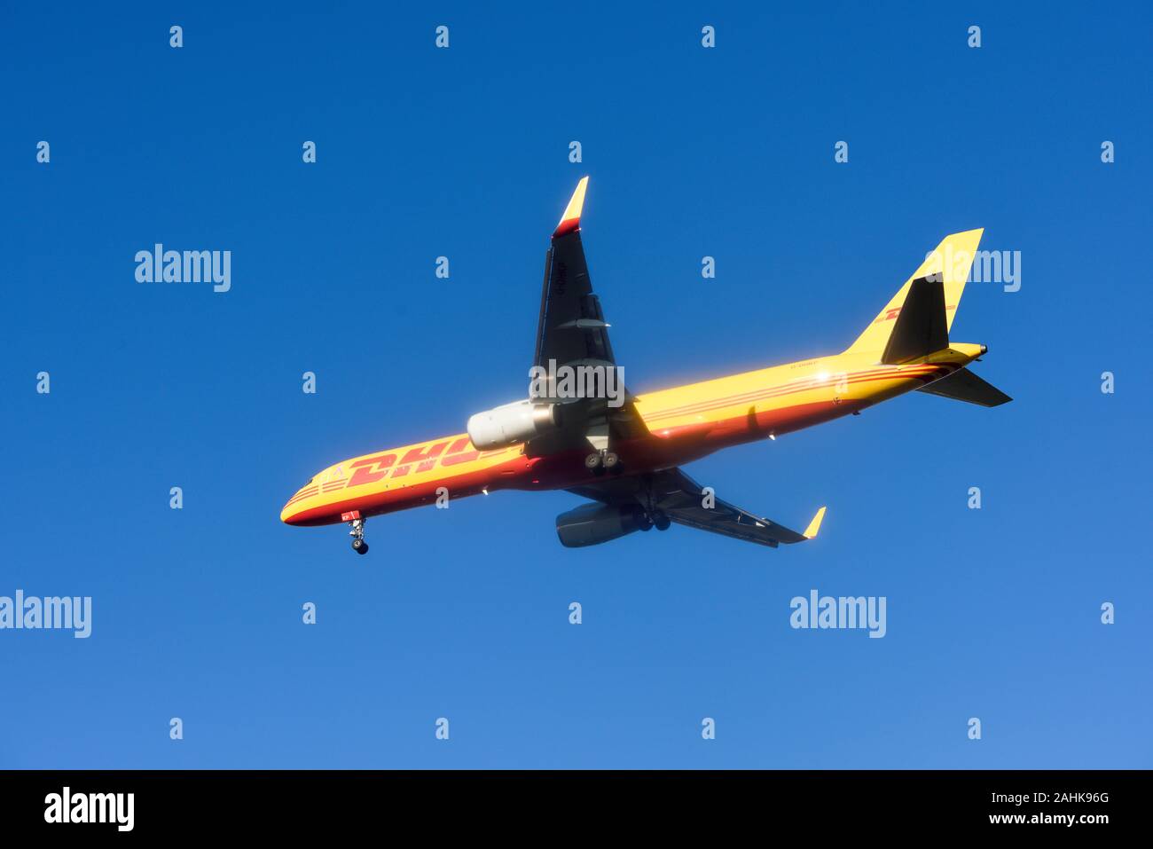 DHL Cargo Aircraft on approach to East Midlands Airport preparing to Land, UK. Stock Photo