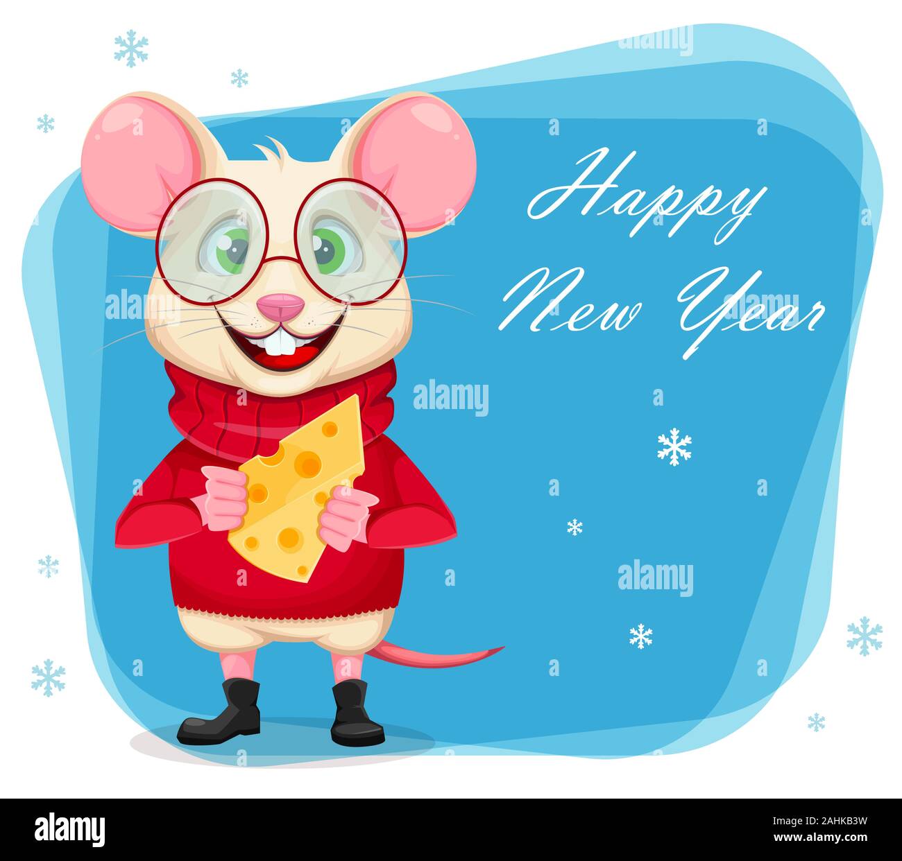 Happy New Year greeting card with funny rat in glasses. Cute cartoon character rat holding cheese. Vector illustration Stock Vector