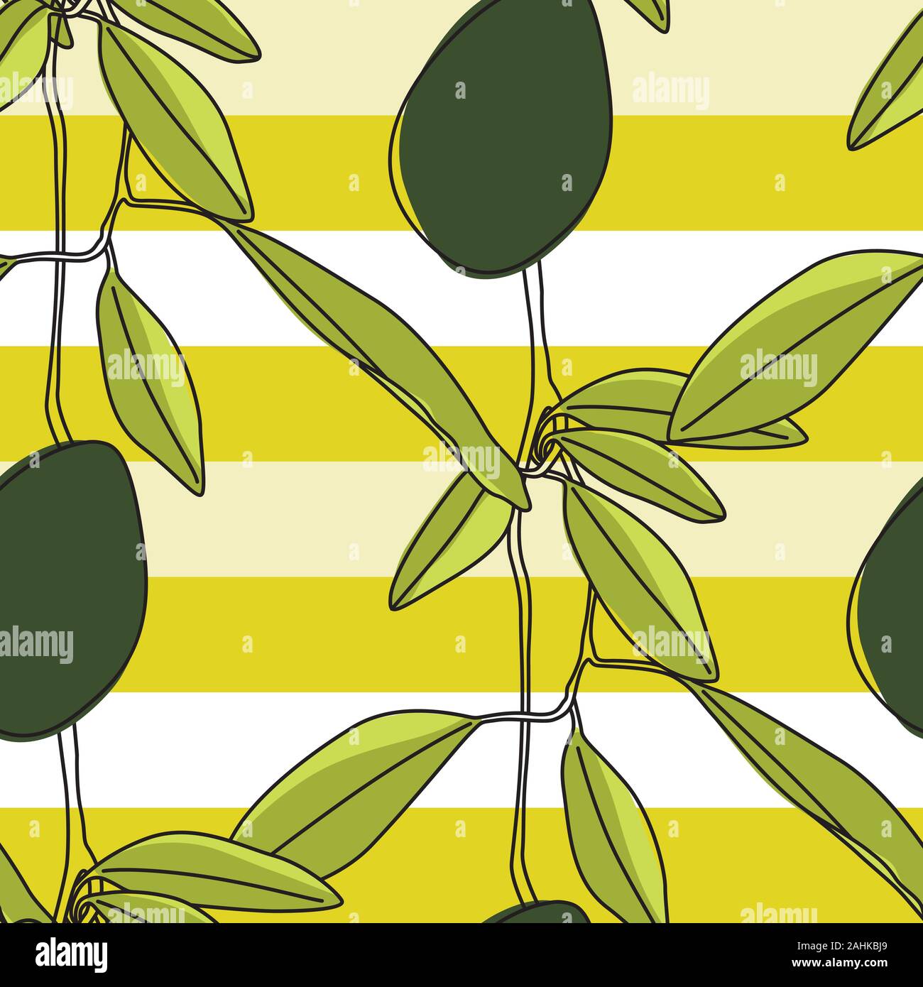Artistic Vector Green Avocado Branches Seamless Pattern on Striped Background Stock Vector
