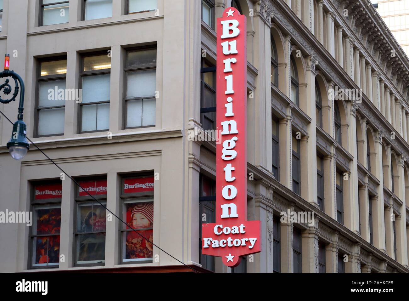 Burlington Coat Factory sign on the historic Ehrich Brothers Department Store building, 707 6th Ave, New York, NY. Stock Photo