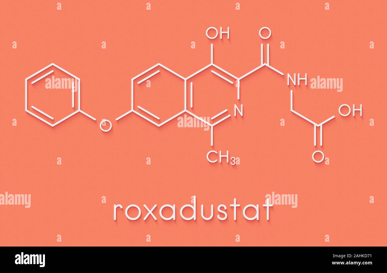 Roxadustat drug molecule. Skeletal formula. Stock Photo