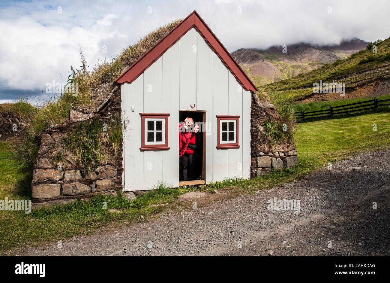 Laufas Turf house landscape farm museum, Eyjafjordur, North Iceland summer vintage funny Stock Photo