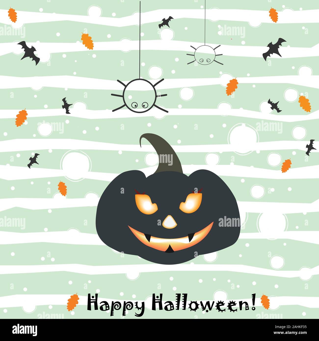 Happy Halloween Card with evil pumpkin and two hanging spiders on ...