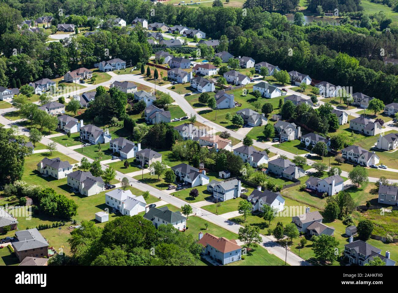 Aerial view of pleasant middle class suburban homes and streets near Atlanta Georgia. Stock Photo