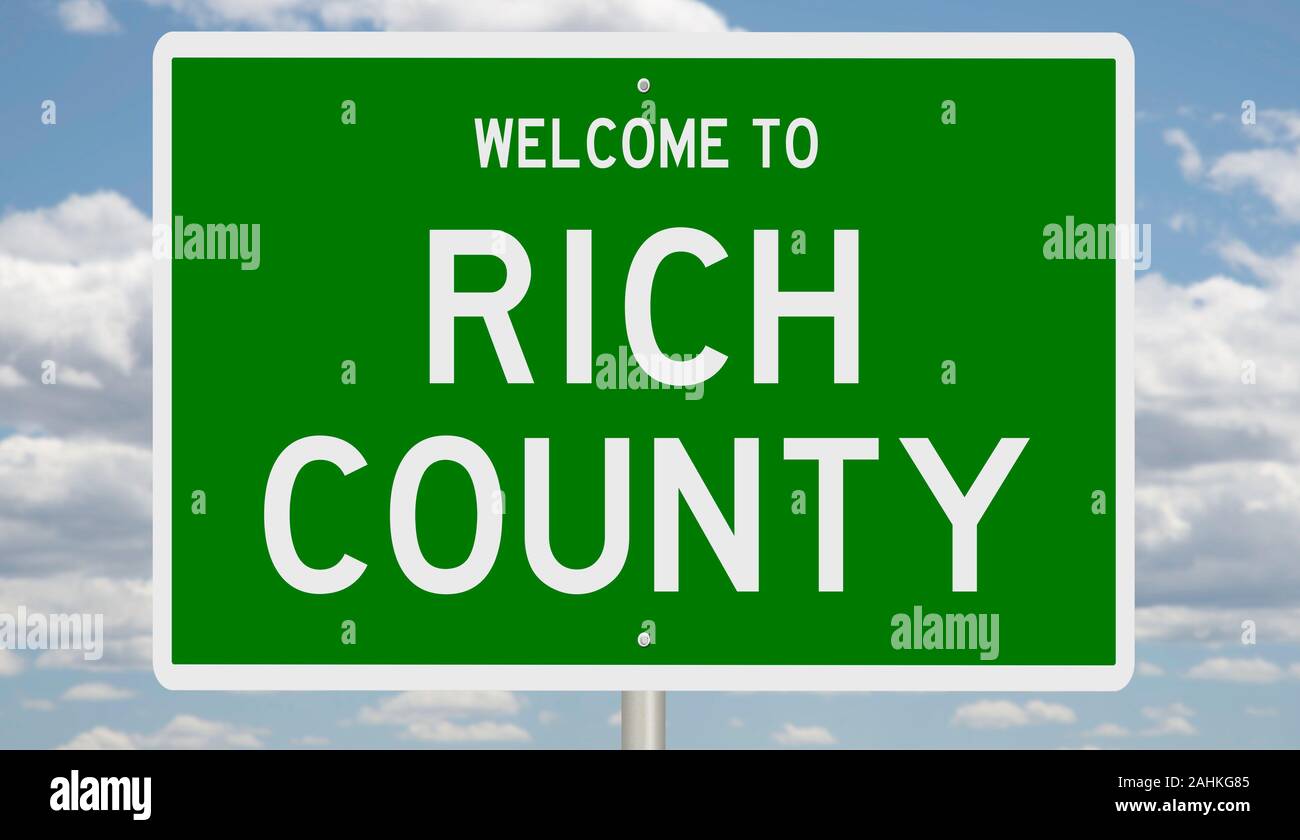 Rendering of a green 3d highway sign for Rich County Stock Photo