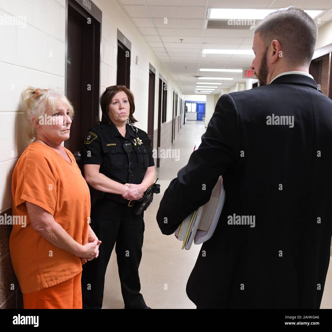 Racine, Wisconsin, USA. 30th Dec, 2019. LINDA LAROCHE, 64, talks with