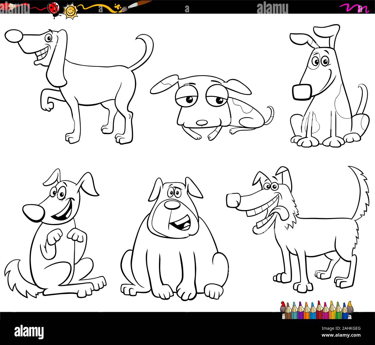 Black and White Cartoon Illustration of Comic Dogs and Puppies Pet ...