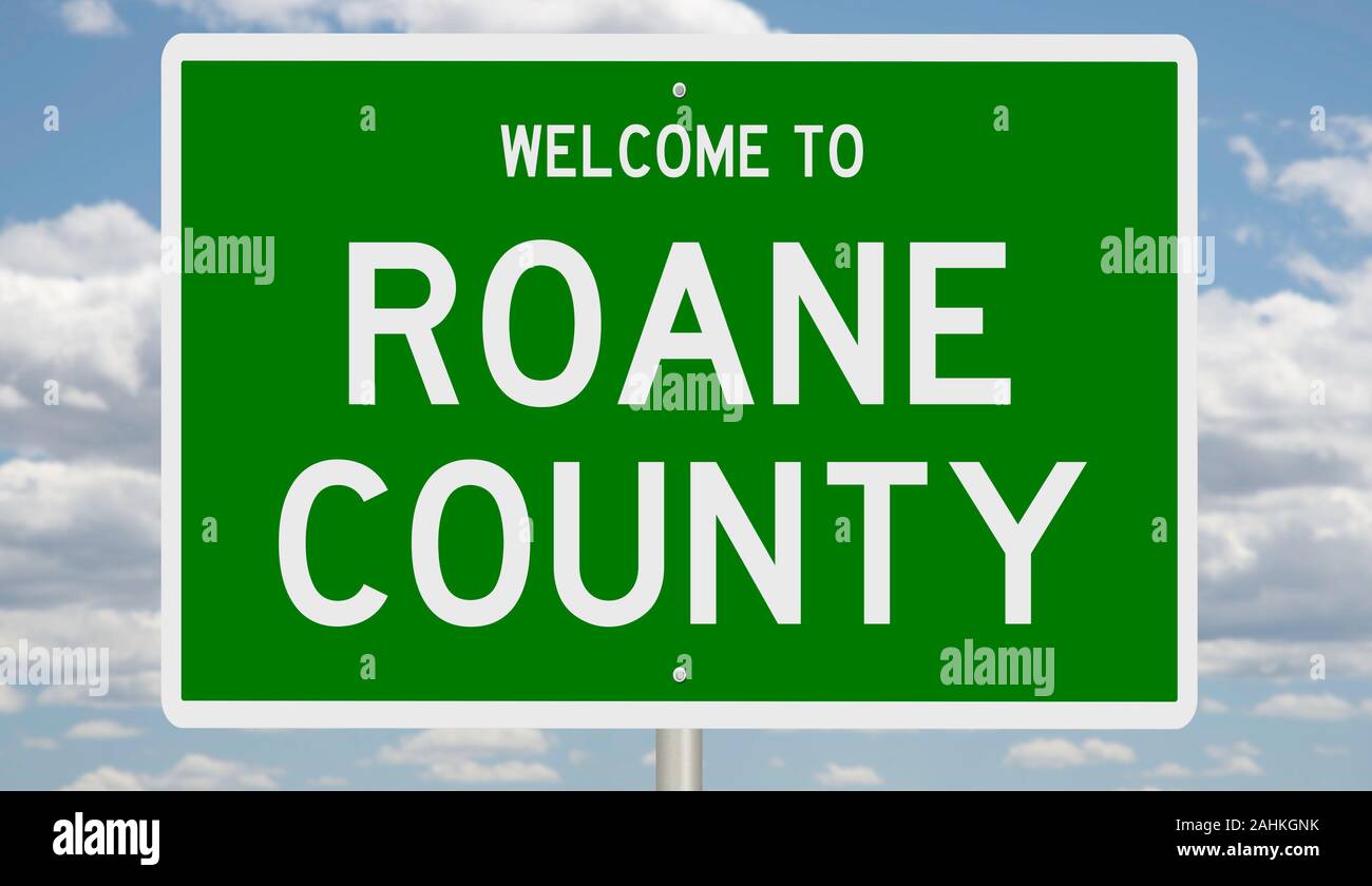 Rendering of a green 3d highway sign for Roane County Stock Photo