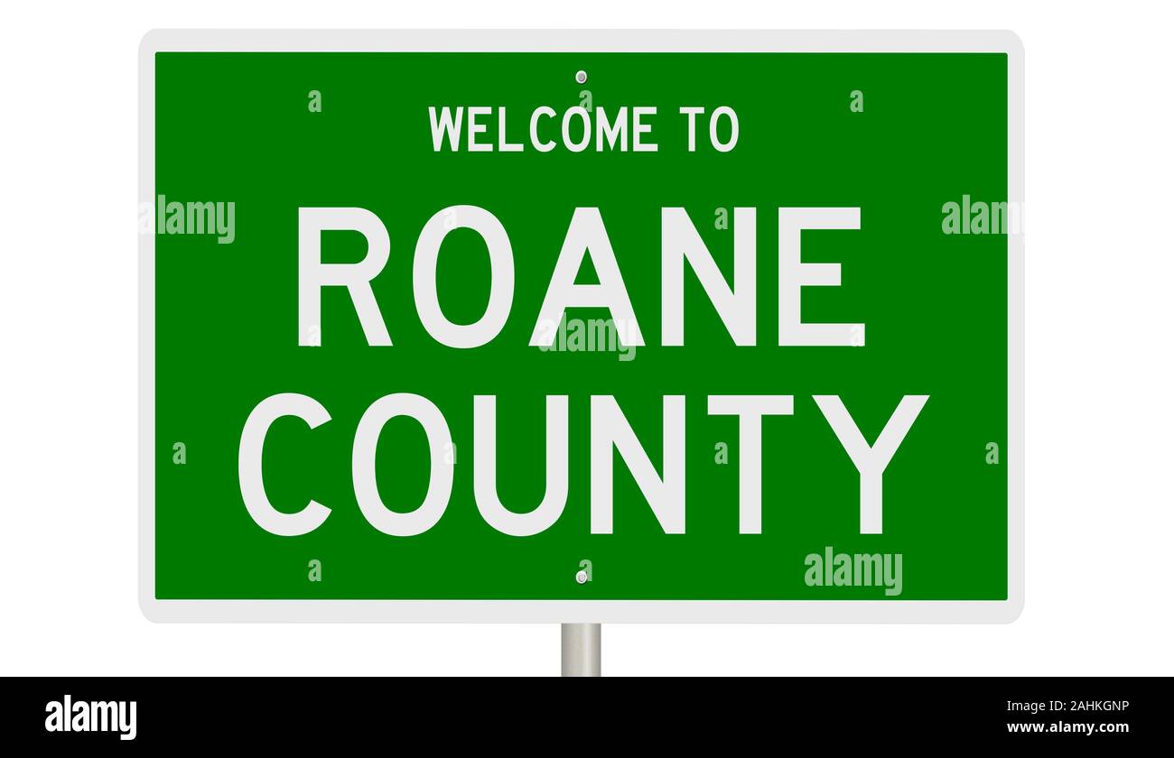 Rendering of a green 3d highway sign for Roane County Stock Photo