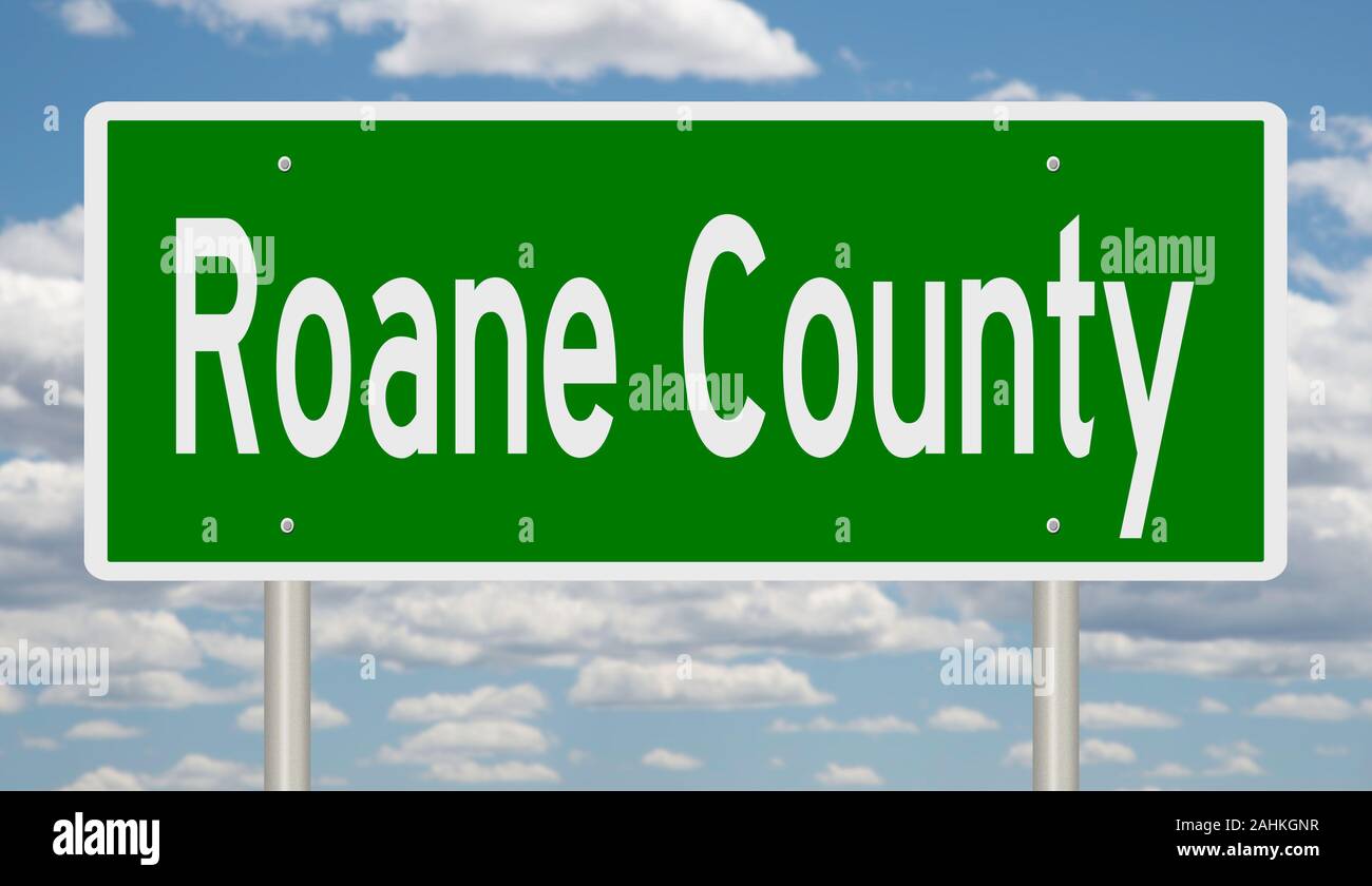 Rendering of a green 3d highway sign for Roane County Stock Photo