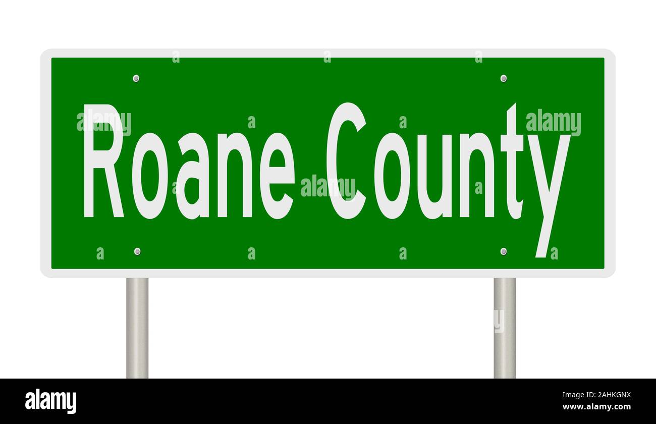 Rendering of a green 3d highway sign for Roane County Stock Photo