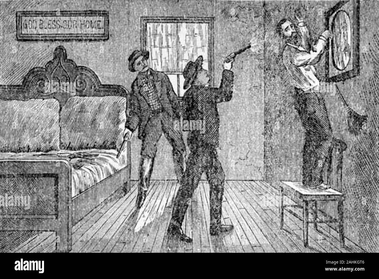 Illustration of Robert Ford famously shooting Jesse James in the back while he hangs a picture in his house. Ford's brother Charles looks on Stock Photo