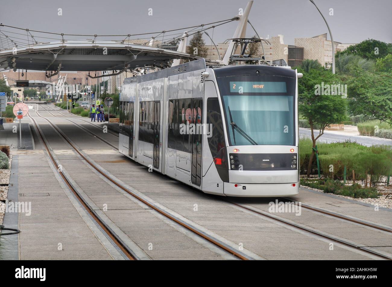 Qatar Foundation (QF) has launched the Education City Tram – a pioneering transport system that brings a new form of sustainable travel to Qatar Stock Photo
