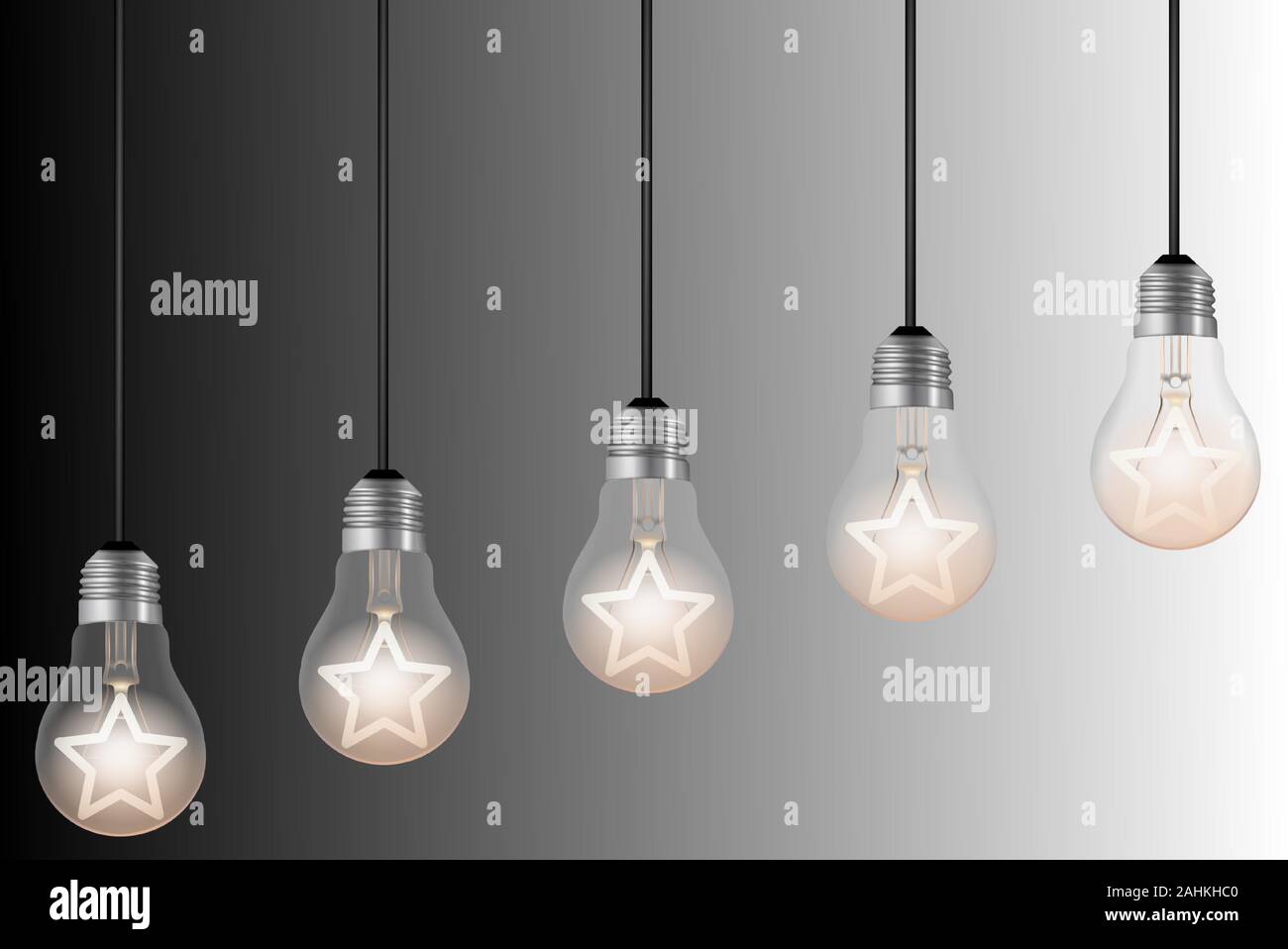 Five Lightbulbs With Lit Stars On Black And White Background