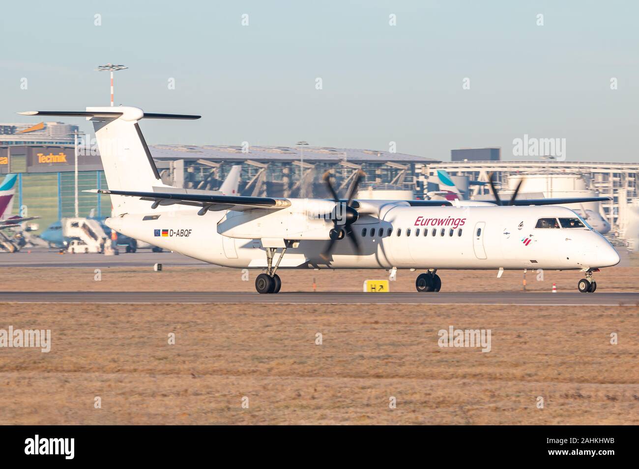 Stuttgart, Germany - December 30, 2019: Eurowings Bombardier Dash 8 airplane at Stuttgart airport (STR) in Germany. Bombardier is an aircraft manufact Stock Photo