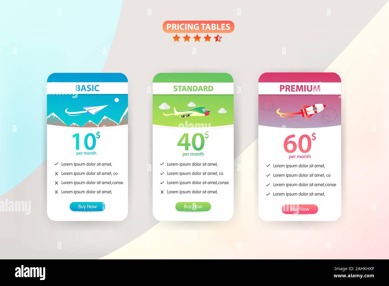 Pricing Table 3 Different Plane Vector Template Design Stock Vector