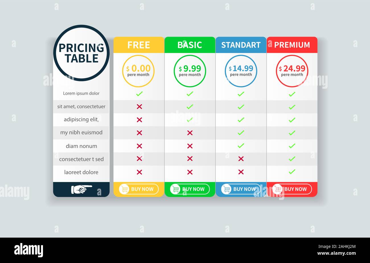 Price Table Template banner with five Plan Design Stock Vector