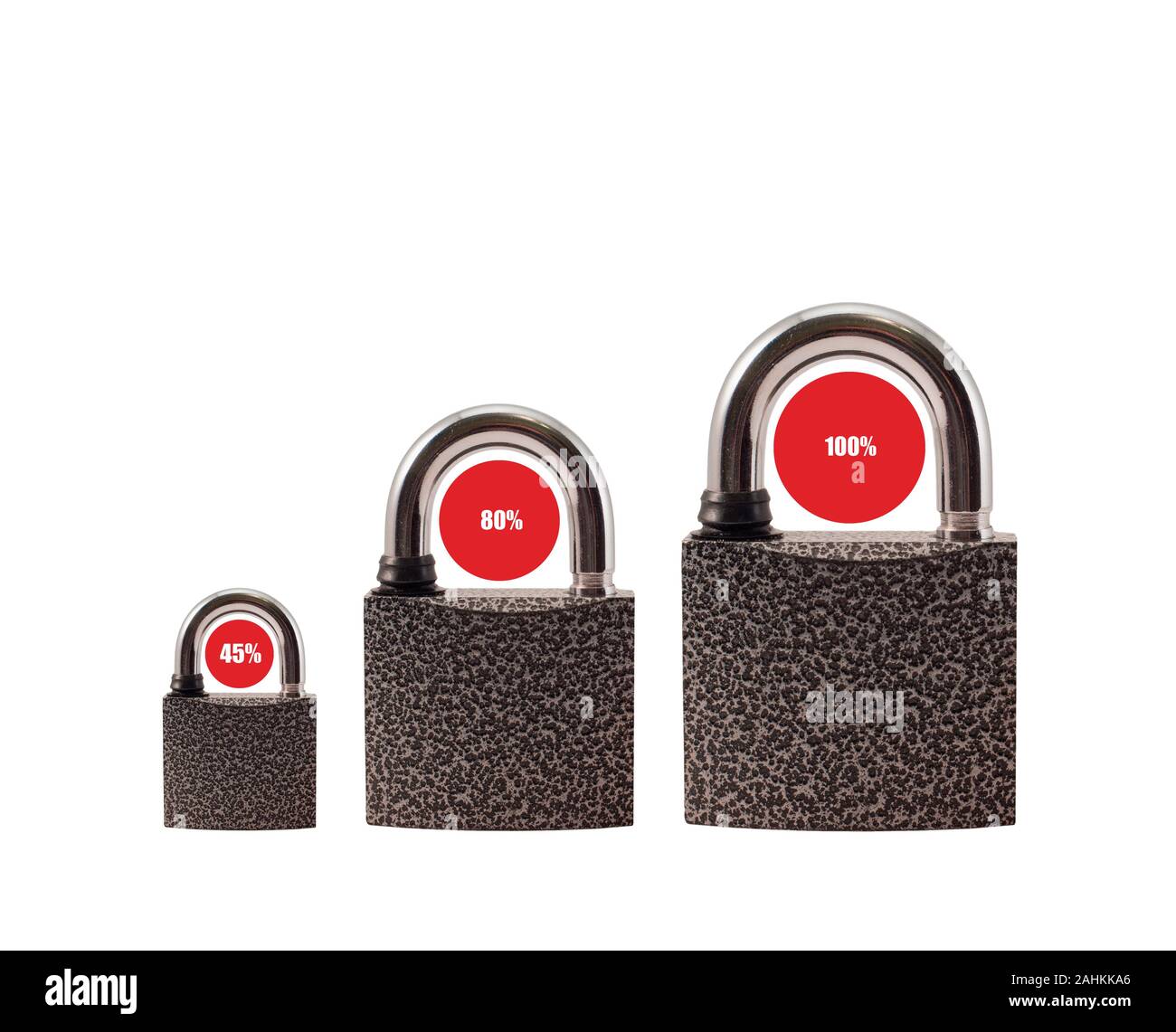 Three padlocks on a white background. Security, protection, reliability. Stock Photo