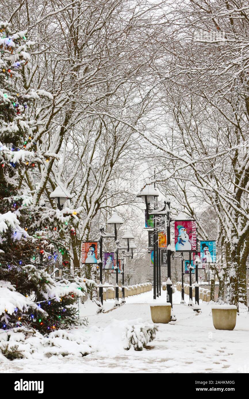 Kettering Christmas. Winter scene with Christmas Tree, snow, and signs