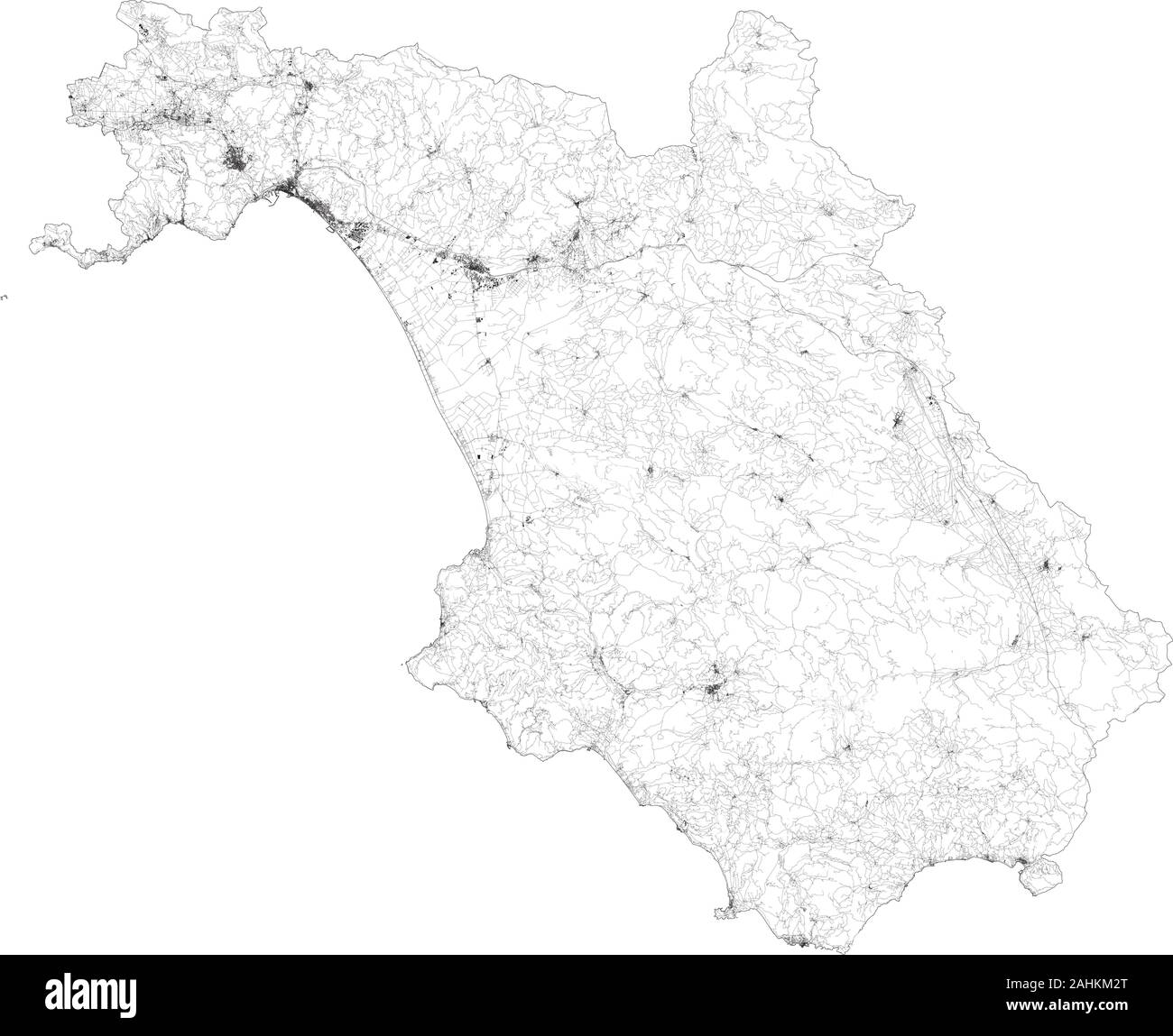 Satellite map of Province of Salerno towns and roads, buildings and connecting roads of surrounding areas. Campania region, Italy. Map roads Stock Vector