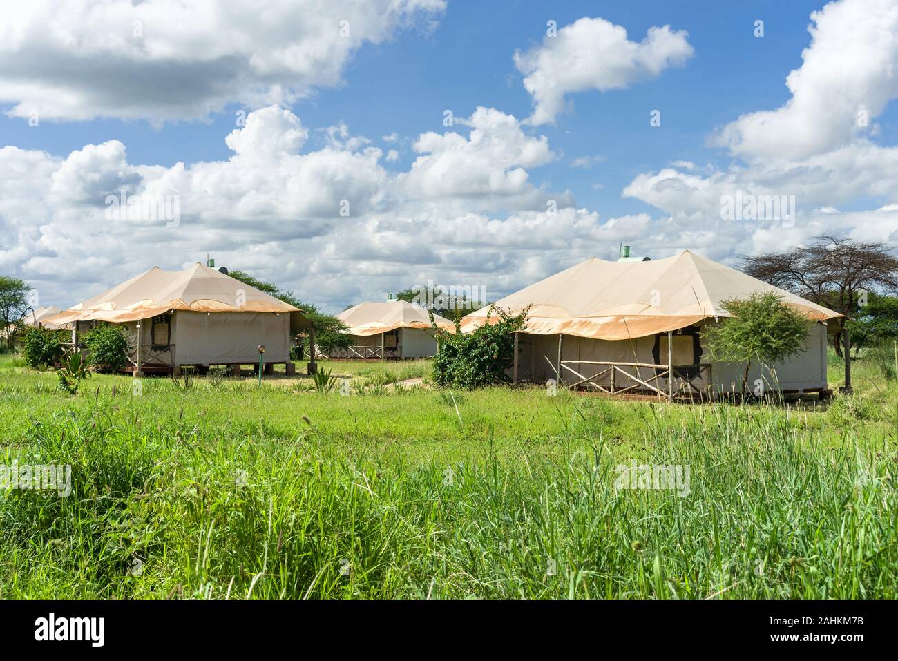 Several large permanent safari tents, Amboseli, Kenya Stock Photo