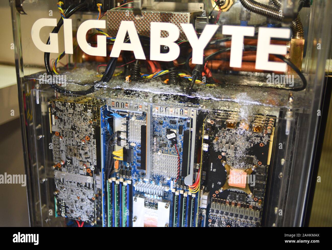 Gigabyte two-phase immersion liquid (3M Novec fluid) cooling completely submerged data center/server type computer at CES, Las Vegas, NV, USA. Stock Photo