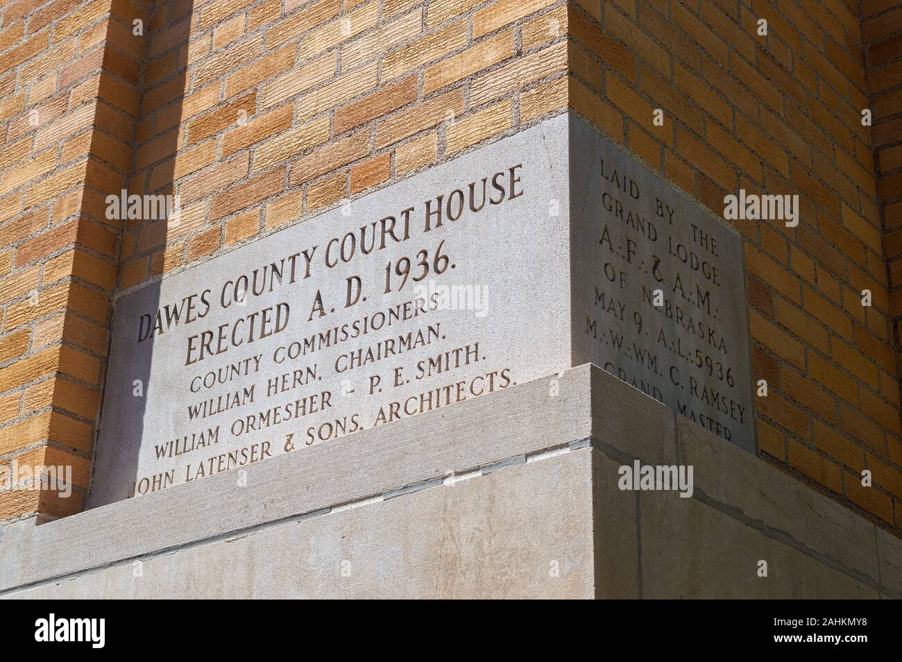 Chadron, Nebraska - July 25, 2014: The Cornerstone of the Dawes County Courthouse Stock Photo