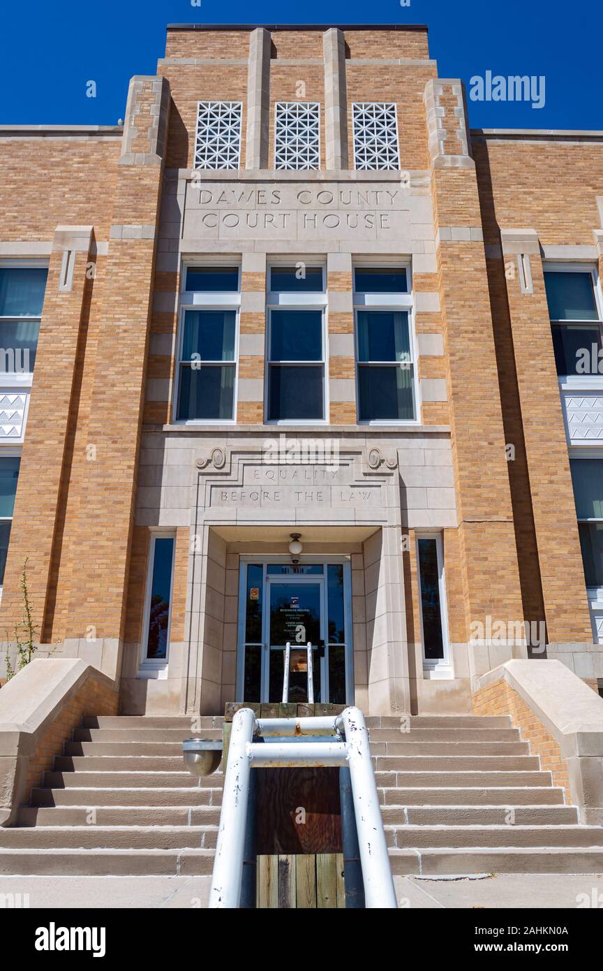 Chadron, Nebraska - July 25, 2014: The Front Entrance to the Dawes County Courthouse Stock Photo