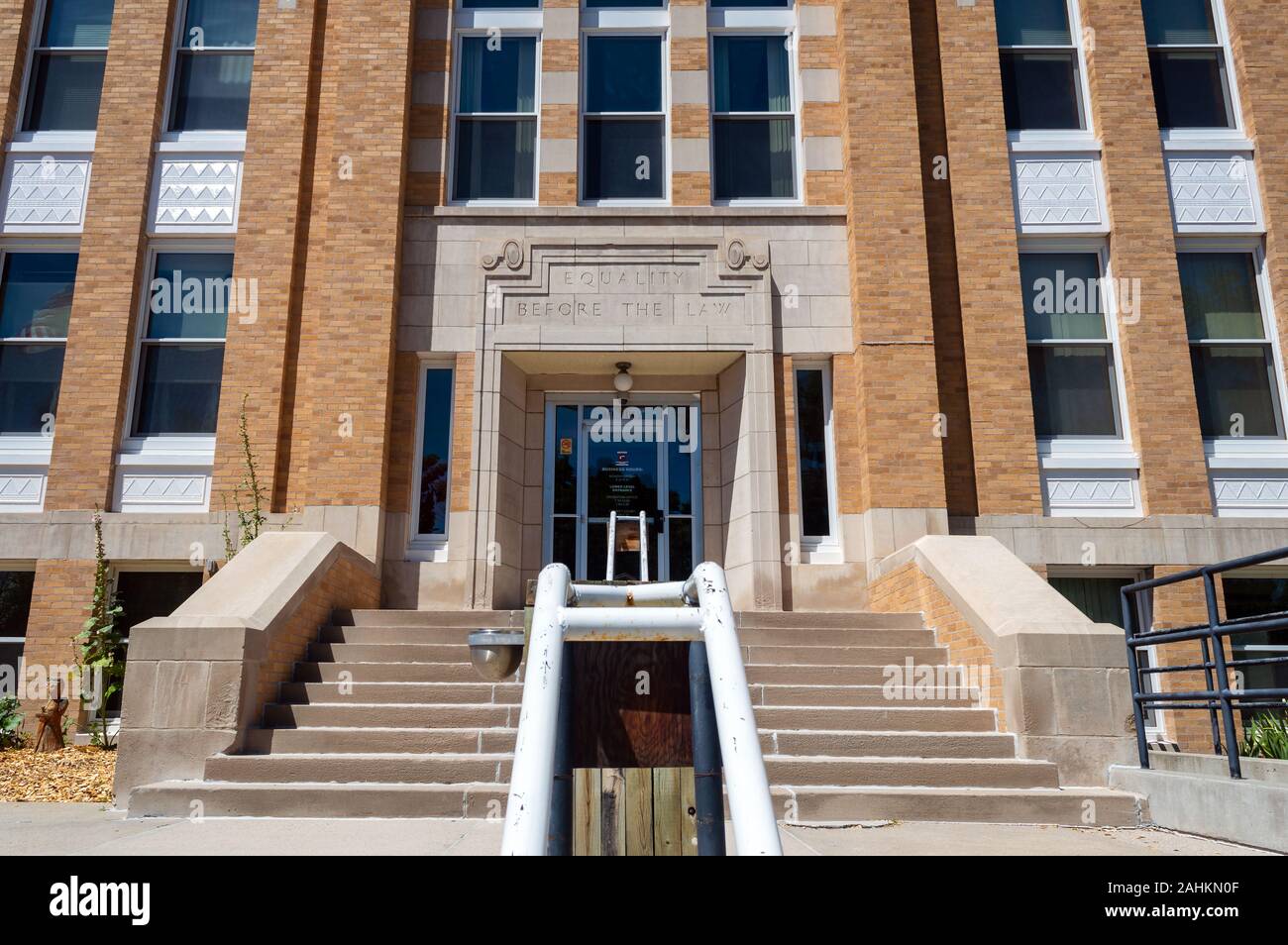 Chadron, Nebraska - July 25, 2014: The Entrance to the Dawes County Courthouse Stock Photo