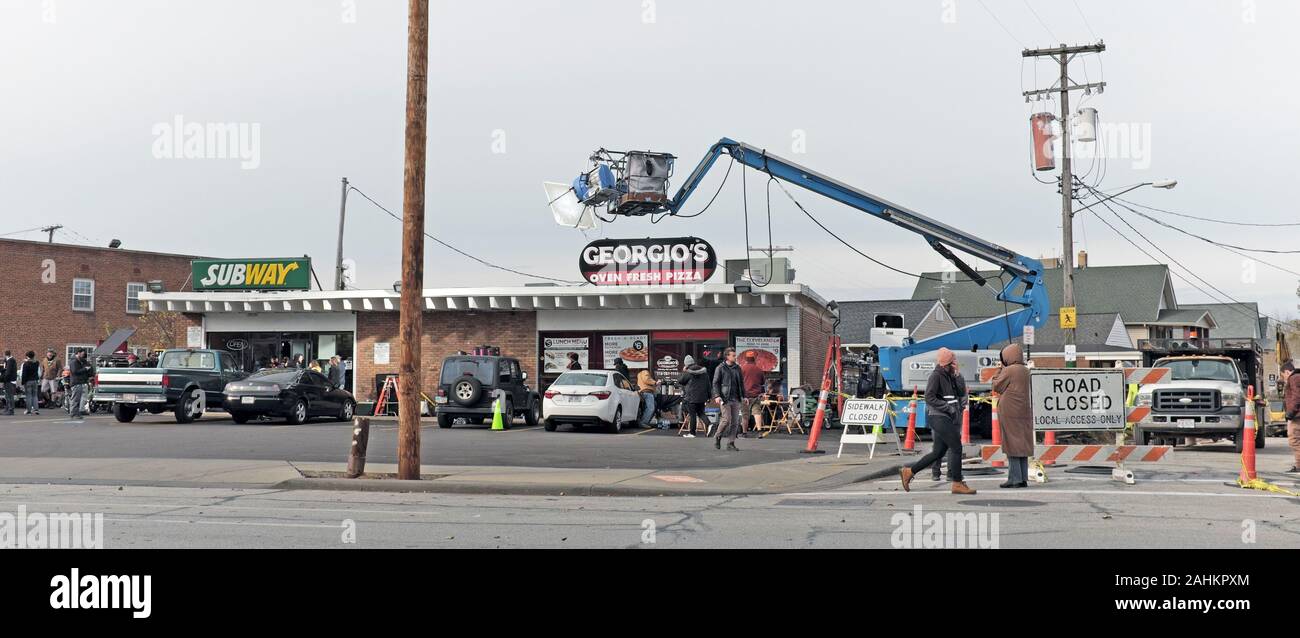 The on-location film set for the Russo Brothers movie 'Cherry' being filmed at locations throughout Cleveland, Ohio, USA including Gordon Square. Stock Photo
