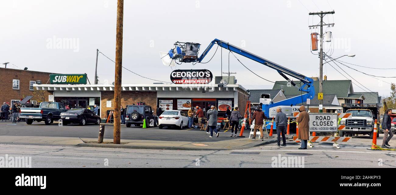 Filming on location of the Russo Brothers movie 'Cherry' on Detroit Road in Cleveland, Ohio, USA. Stock Photo