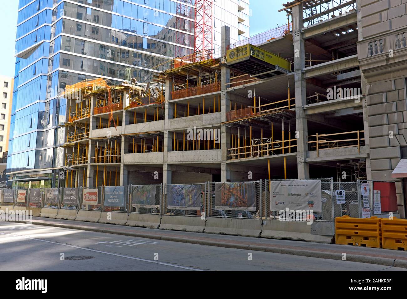 The Lumen Apartments at Playhouse Square under construction saw damage to the garage after steel beams fell over 30 stories in Cleveland, Ohio, USA. Stock Photo