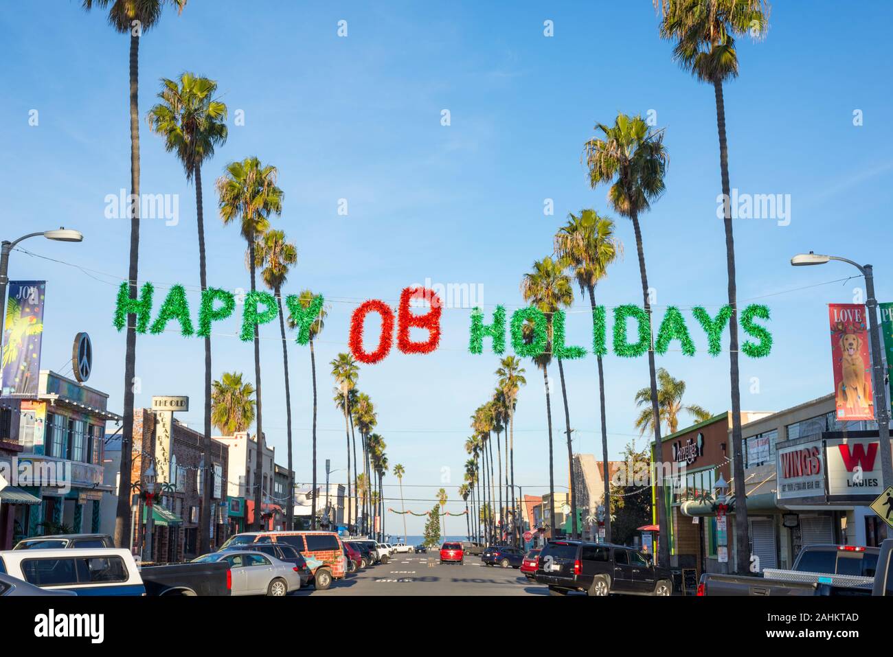 Happy Holidays sign on Newport Avenue in the Ocean Beach community of