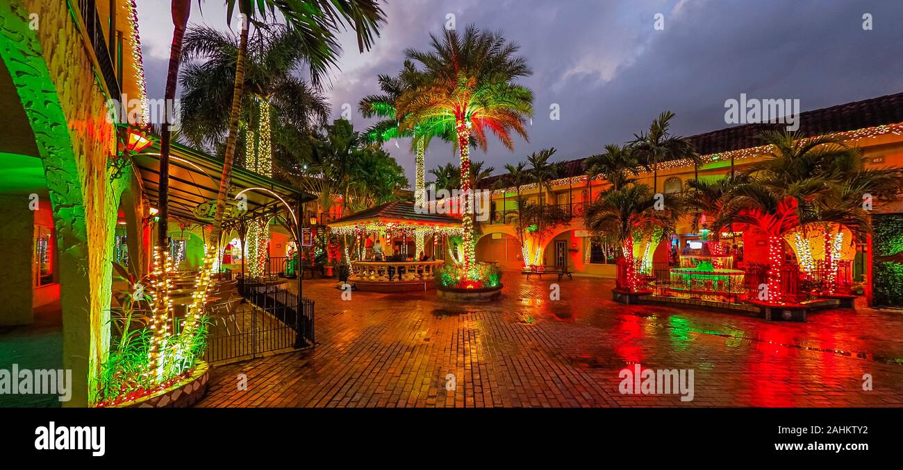 Christmas light decorationed display in the Brick Yard Plaza in Venice