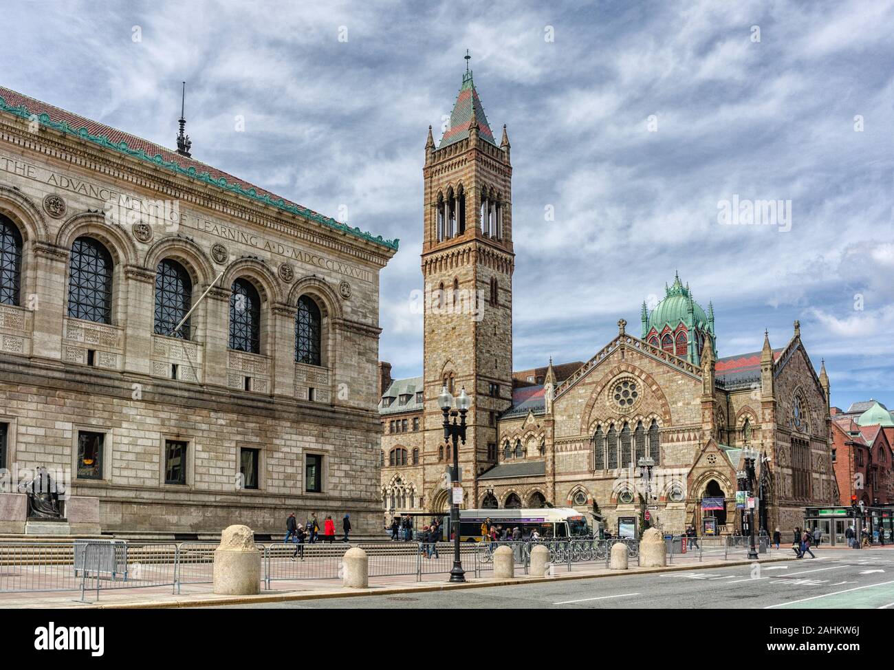View of the Boston Public Library and the Old South Church in Copley Square in Boston, Massachusetts. Stock Photo