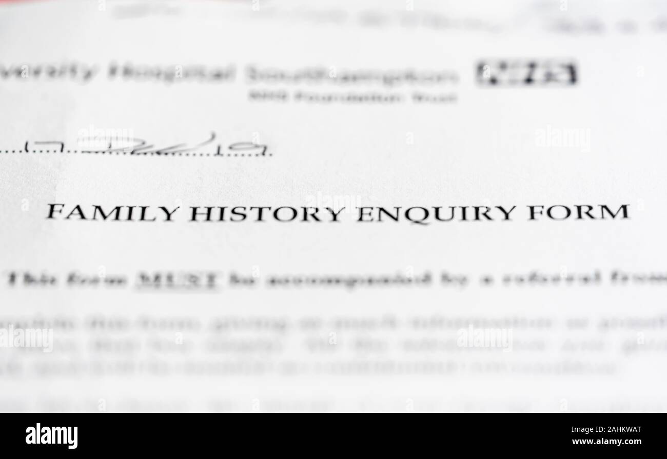Family History Enquiry Form by the NHS - a questionnaire to be competed prior to genetic testing Stock Photo
