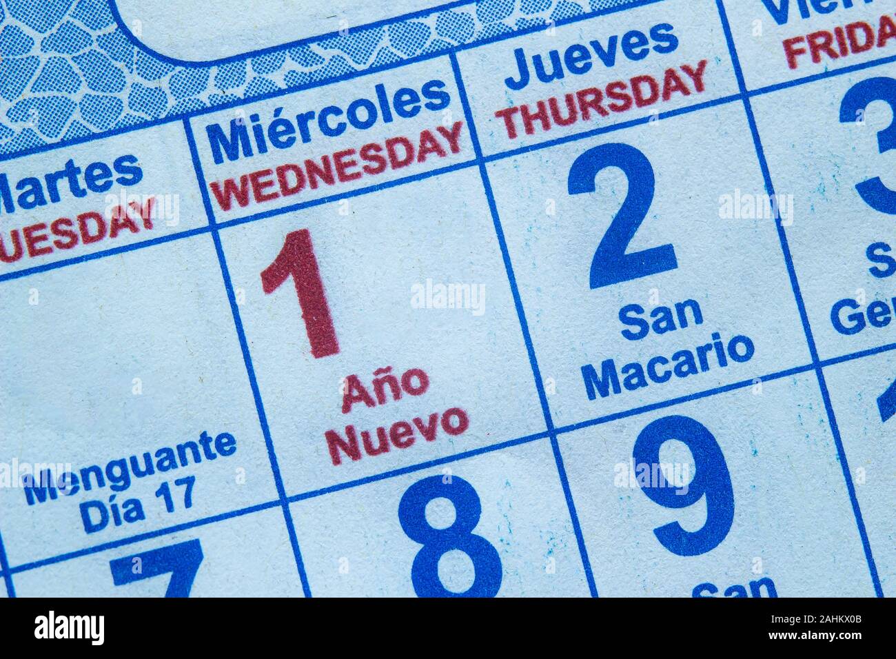 Calendar on the new year january 1st with lettering on spanish (año ...