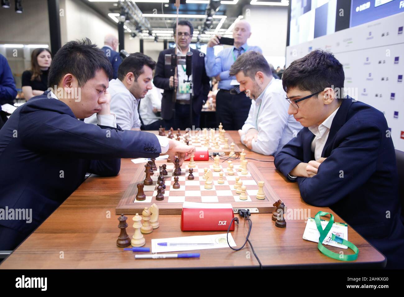 Moscow, Russia. 30th Dec, 2019. Wang Hao (L) of China and Alireza Firouzja  participating under the FIDE flag compete during the Blitz Open final at  2019 King Salman World Rapid & Blitz