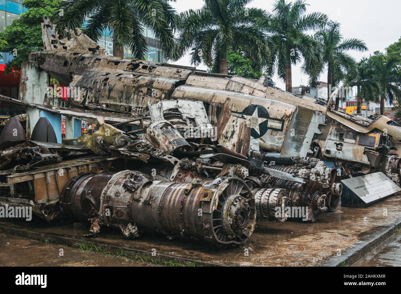 Wreckage of a McDonnell Douglas F-4 Phantom II B fighter-bomber that was shot down during the Vietnam War, on display at the Hanoi Air Museum Stock Photo
