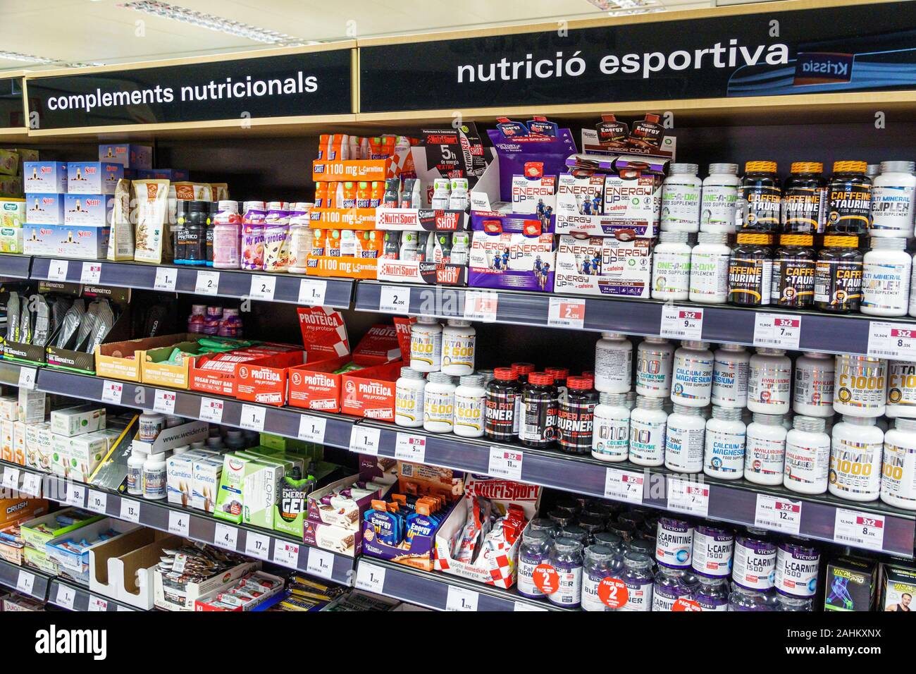 Tarragona Spain Hispanic Catalonia El Corte Ingles,department store,interior inside,supermarket,grocery store,sports nutritional supplements,display s Stock Photo