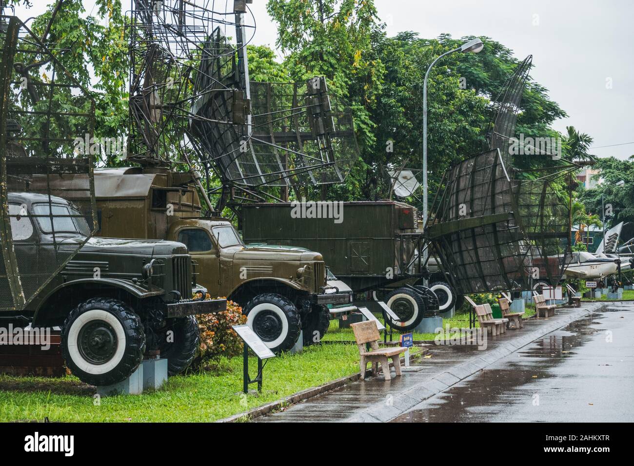 A range of mobile radar and aircraft detection equipment used during the Vietnam War, on display at the Hanoi Air Museum Stock Photo