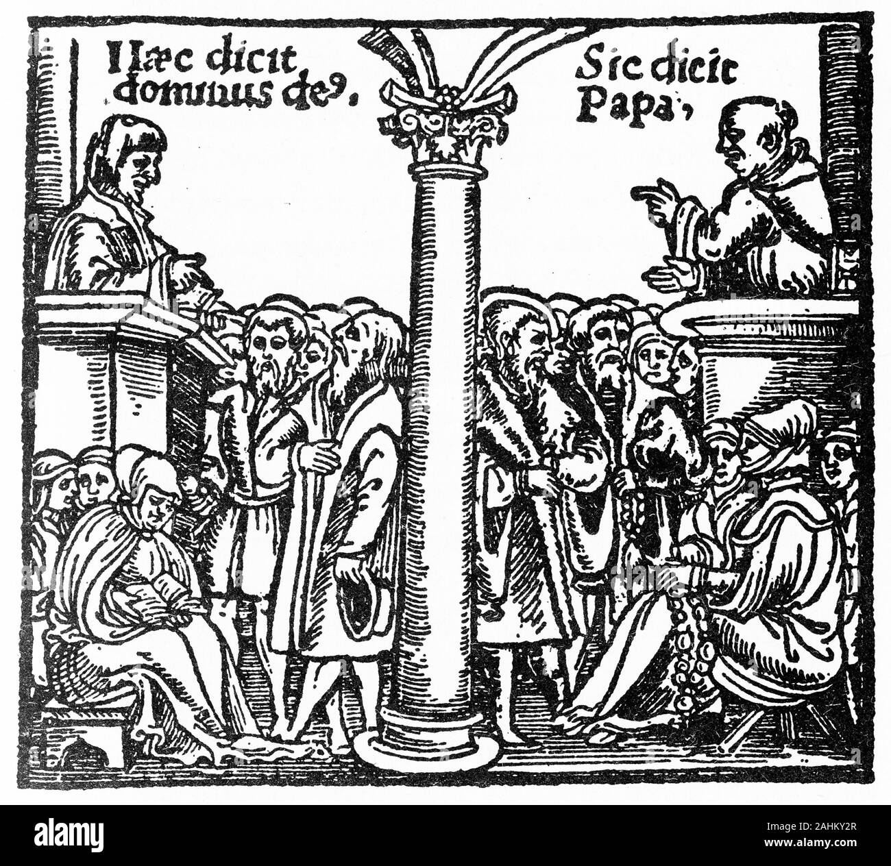 Cartoon from the Reformation period constrasting the between Protestant churches (left) and the Roman Catholic system (right).  Protestansta are taught 'Thus saith the Lord,' while Catholics are taught 'Thus saith the Pope.' The Protestants seach the scripture while Catholics count their beads. Stock Photo